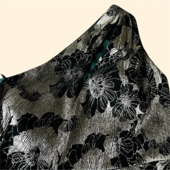 Betsy & Adam One-Shoulder Gold & Black Gown Dress Green Metallic Sheen Size 10 - Picture 5 of 9